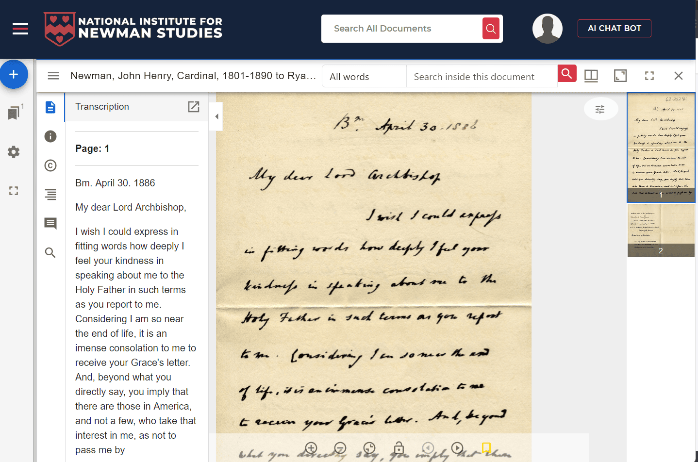 Digital Collections - 1888 letter from Newman to Archbishop Ryan
